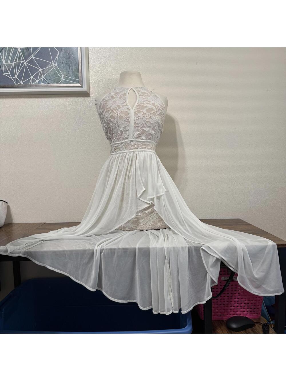 Morgan & Co White Lace Overlay Dress with Sheer Draped Overlay Size 5/6